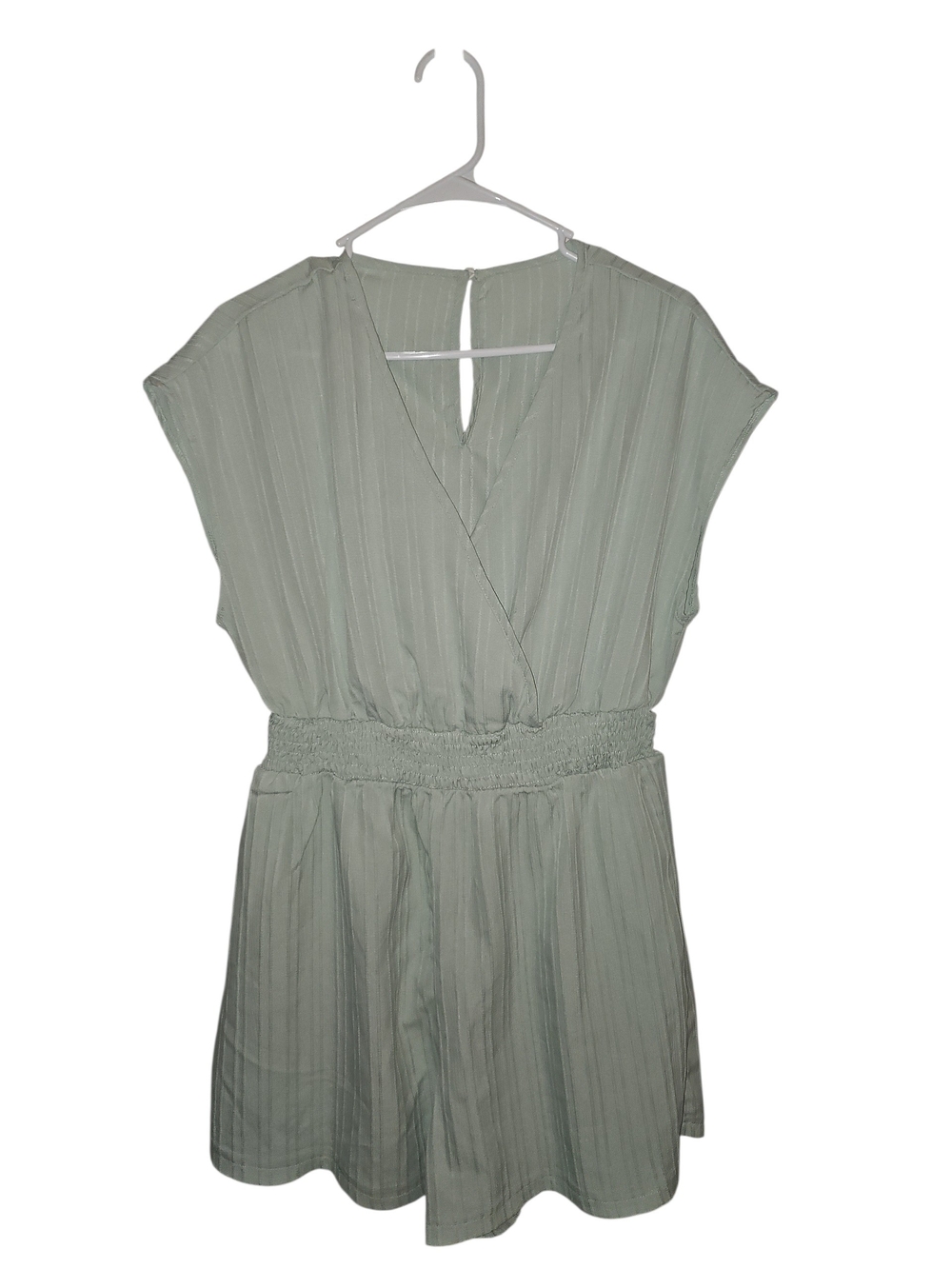 Light Sage Green Smocked Waist Surplice Romper From SHEIN